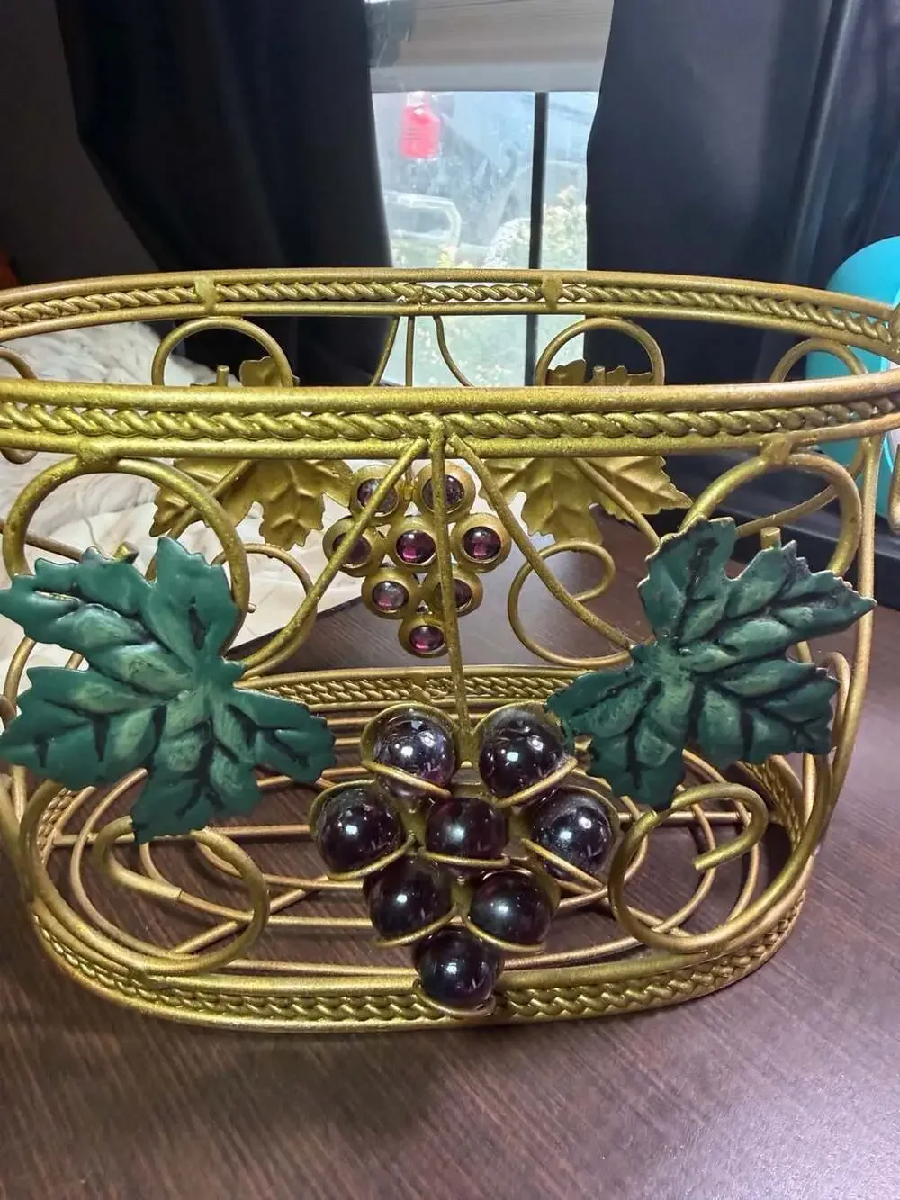 Vintage Gold Tone Metal Wire Basket with Grape and Leaf Accents